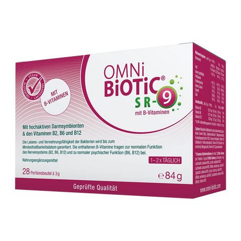 Eine Packung OMNi-BiOTiC SR-9 mit B-Vitaminen, 28 Sachets à 3 Gramm