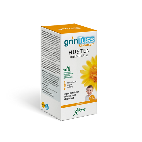 Eine Packung Aboca Grintuss Hustensaft für Kinder