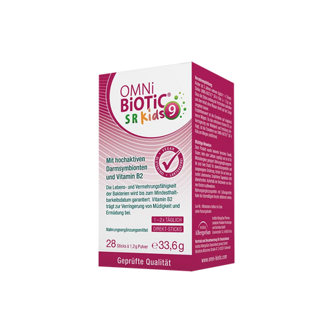 Eine Packung OMNi-BiOTiC SR-9 Kids, 28 Direkt-Sticks à 1,2 Gramm